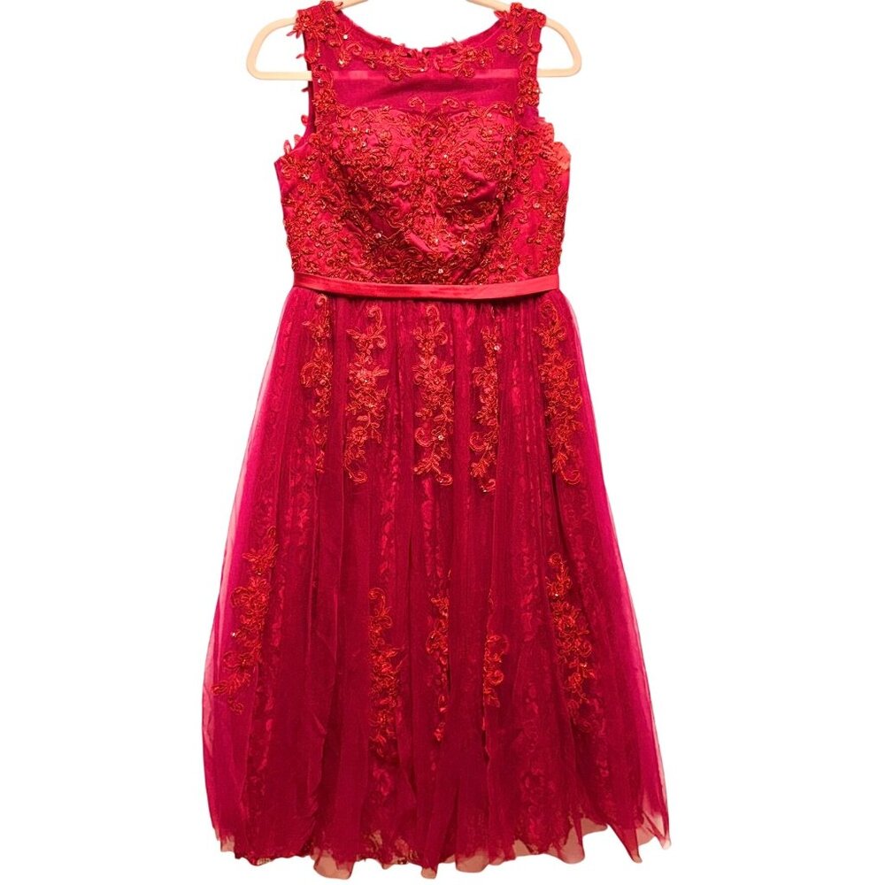 NEW Elegant Red Sleeveless Sequin‎ Lace Embroidered Midi Formal Dress Size 12